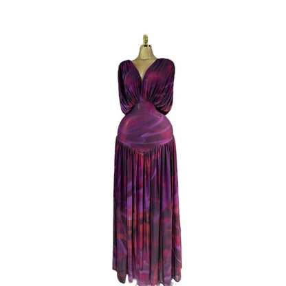 Long Sleeve V Neck Chiffon Dress In Polyester Featuring Ruched Design And Maxi Length