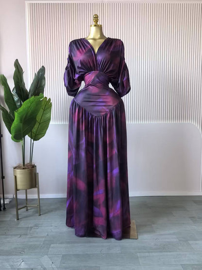 Long Sleeve V Neck Chiffon Dress In Polyester Featuring Ruched Design And Maxi Length