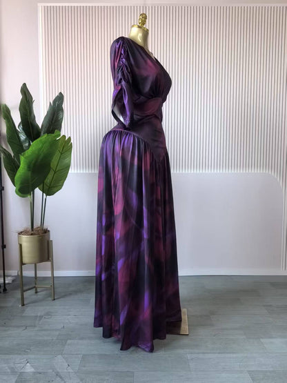 Long Sleeve V Neck Chiffon Dress In Polyester Featuring Ruched Design And Maxi Length