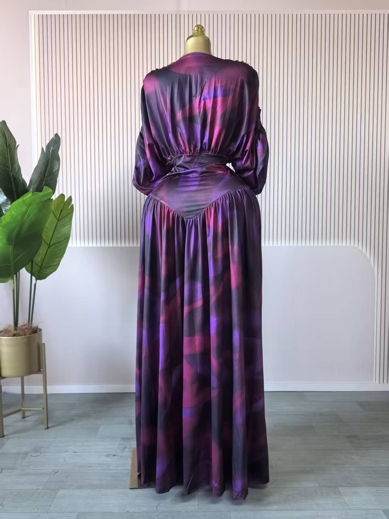 Long Sleeve V Neck Chiffon Dress In Polyester Featuring Ruched Design And Maxi Length