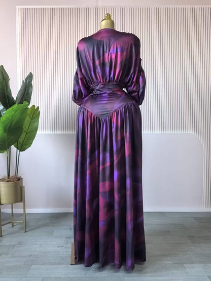 Long Sleeve V Neck Chiffon Dress In Polyester Featuring Ruched Design And Maxi Length