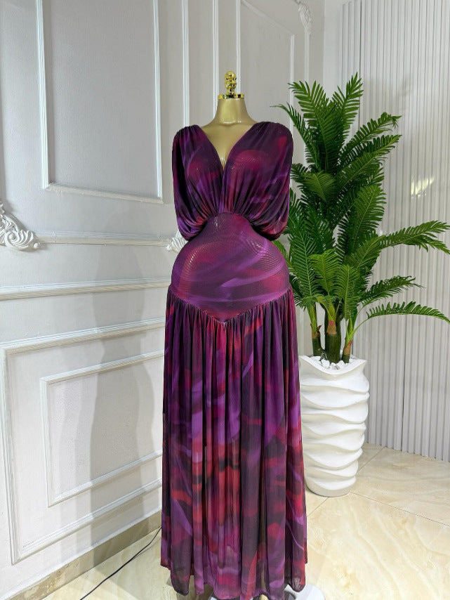 Long Sleeve V Neck Chiffon Dress In Polyester Featuring Ruched Design And Maxi Length