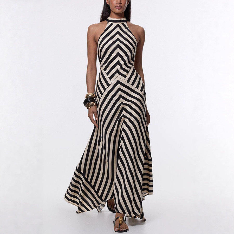 Casual Stripe Sleeveless Chiffon Dress With Round Neck In Polyester For Daily Wear