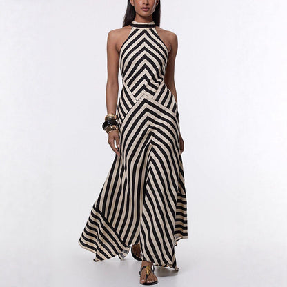 Casual Stripe Sleeveless Chiffon Dress With Round Neck In Polyester For Daily Wear