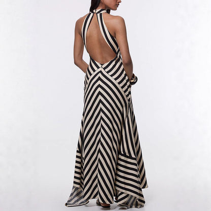 Casual Stripe Sleeveless Chiffon Dress With Round Neck In Polyester For Daily Wear