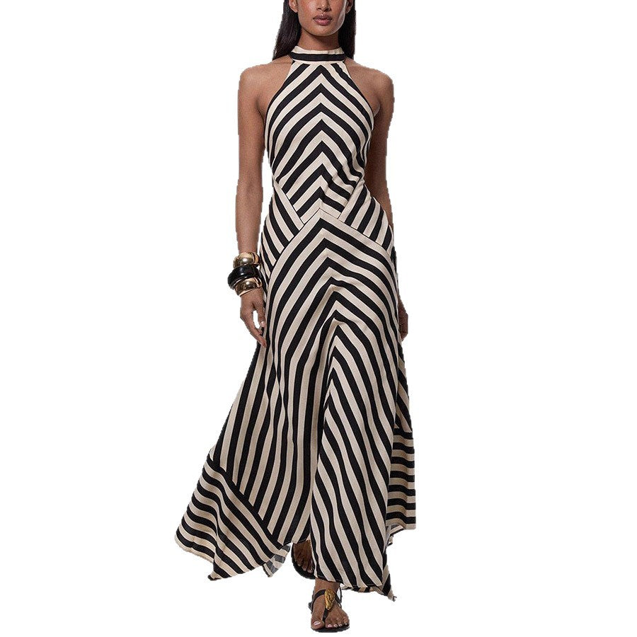 Casual Stripe Sleeveless Chiffon Dress With Round Neck In Polyester For Daily Wear