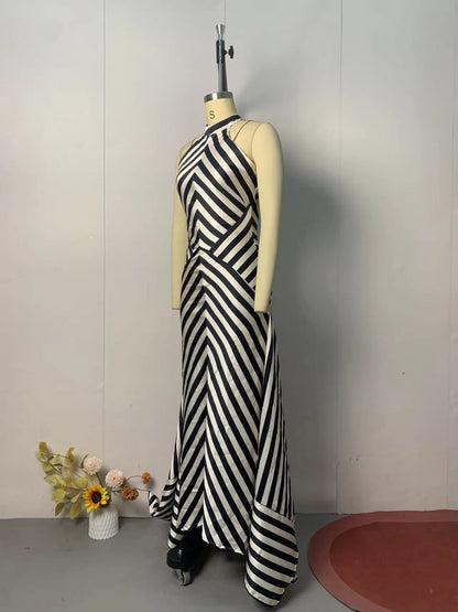 Casual Stripe Sleeveless Chiffon Dress With Round Neck In Polyester For Daily Wear