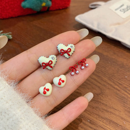 Silver Heart-shaped Bowknot Earring Set For Women Simple Jewelry Accessories