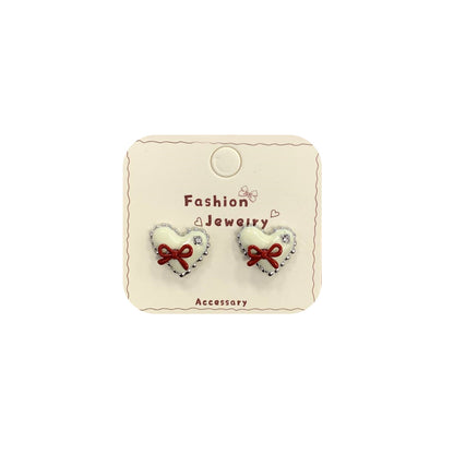 Silver Heart-shaped Bowknot Earring Set For Women Simple Jewelry Accessories