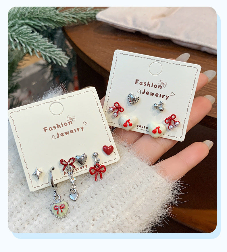 Silver Heart-shaped Bowknot Earring Set For Women Simple Jewelry Accessories