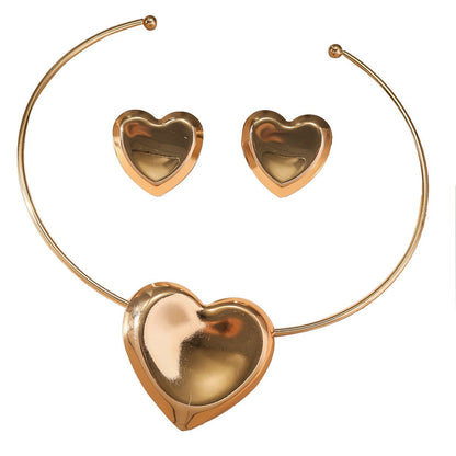 Metal Heart Necklace Earrings Set For Women Minimalist Simple Jewelry Accessories Floral Glass Inlay