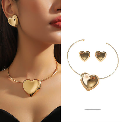 Metal Heart Necklace Earrings Set For Women Minimalist Simple Jewelry Accessories Floral Glass Inlay