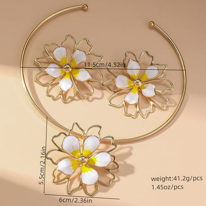 Metal Heart Necklace Earrings Set For Women Minimalist Simple Jewelry Accessories Floral Glass Inlay