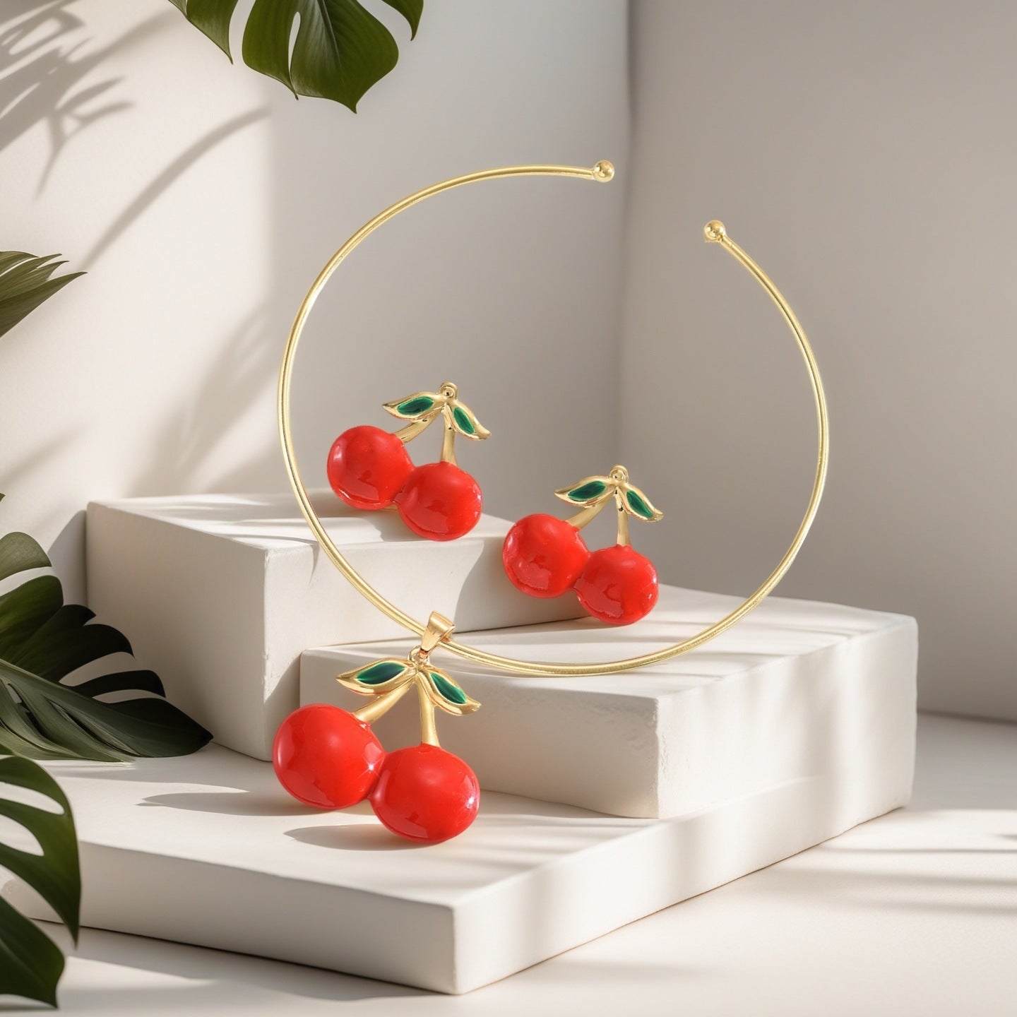 Metal Heart Necklace Earrings Set For Women Minimalist Simple Jewelry Accessories Floral Glass Inlay
