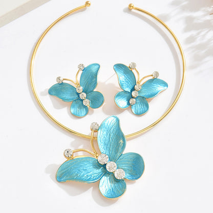 Metal Heart Necklace Earrings Set For Women Minimalist Simple Jewelry Accessories Floral Glass Inlay