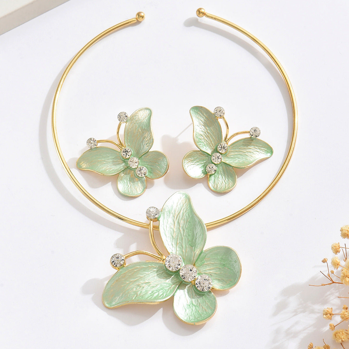Metal Heart Necklace Earrings Set For Women Minimalist Simple Jewelry Accessories Floral Glass Inlay