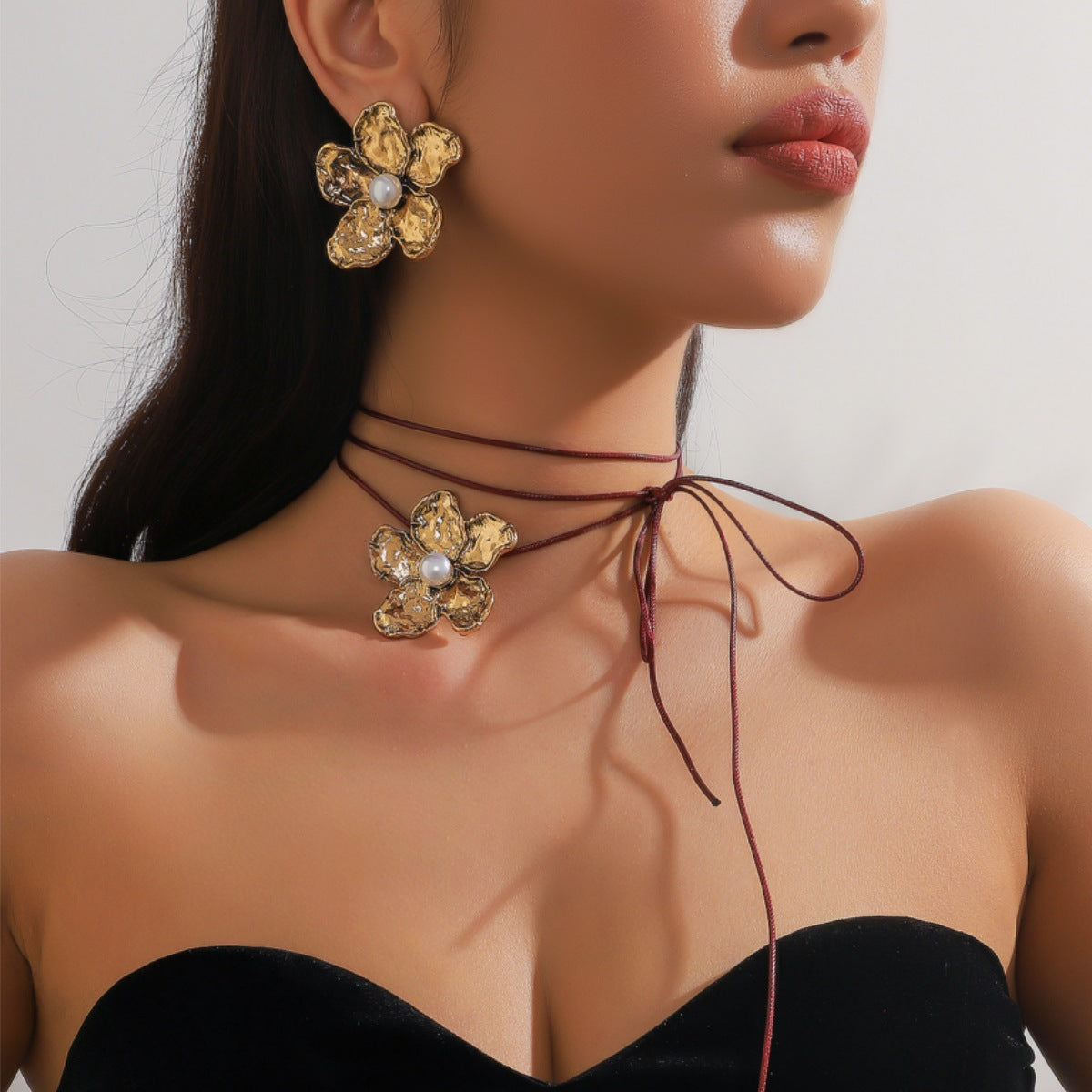Metal Heart Necklace Earrings Set For Women Minimalist Simple Jewelry Accessories Floral Glass Inlay