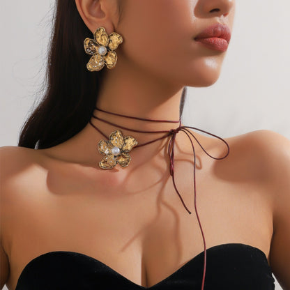 Metal Heart Necklace Earrings Set For Women Minimalist Simple Jewelry Accessories Floral Glass Inlay