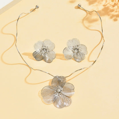 Metal Heart Necklace Earrings Set For Women Minimalist Simple Jewelry Accessories Floral Glass Inlay