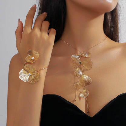 Metal Heart Necklace Earrings Set For Women Minimalist Simple Jewelry Accessories Floral Glass Inlay