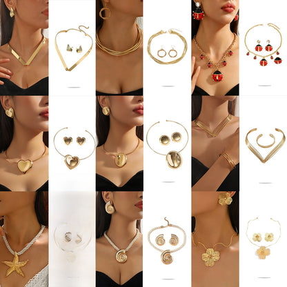 Metal Heart Necklace Earrings Set For Women Minimalist Simple Jewelry Accessories Floral Glass Inlay