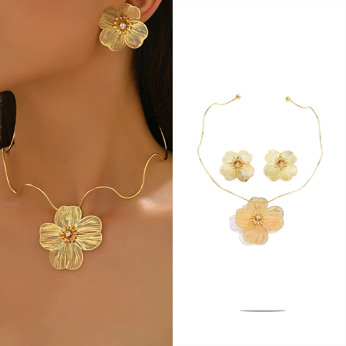 Metal Heart Necklace Earrings Set For Women Minimalist Simple Jewelry Accessories Floral Glass Inlay