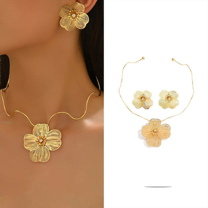 Metal Heart Necklace Earrings Set For Women Minimalist Simple Jewelry Accessories Floral Glass Inlay