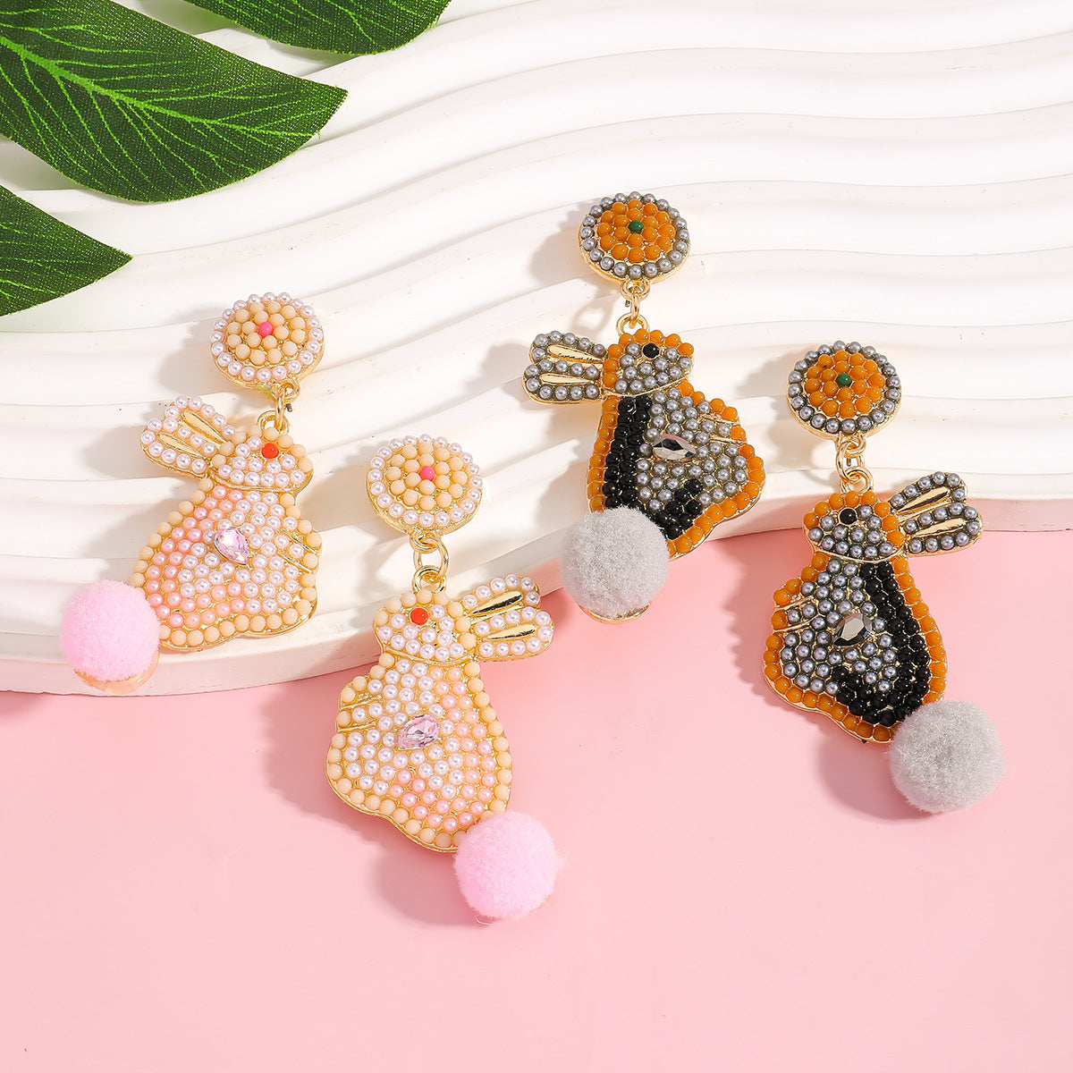Handmade Easter Bunny Bead Earrings Holiday Color Block Diamond Inlaid Women's Party Jewelry