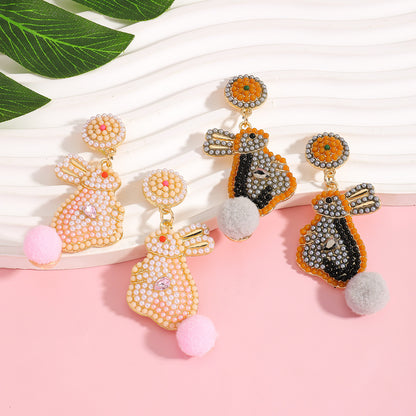 Handmade Easter Bunny Bead Earrings Holiday Color Block Diamond Inlaid Women's Party Jewelry