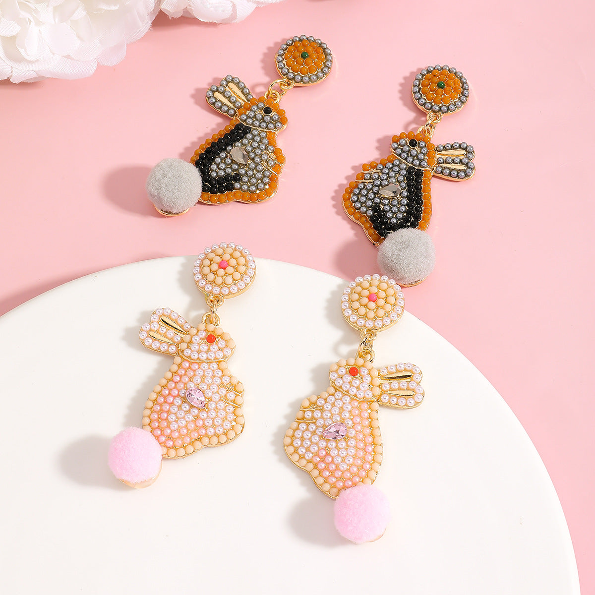Handmade Easter Bunny Bead Earrings Holiday Color Block Diamond Inlaid Women's Party Jewelry