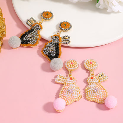 Handmade Easter Bunny Bead Earrings Holiday Color Block Diamond Inlaid Women's Party Jewelry