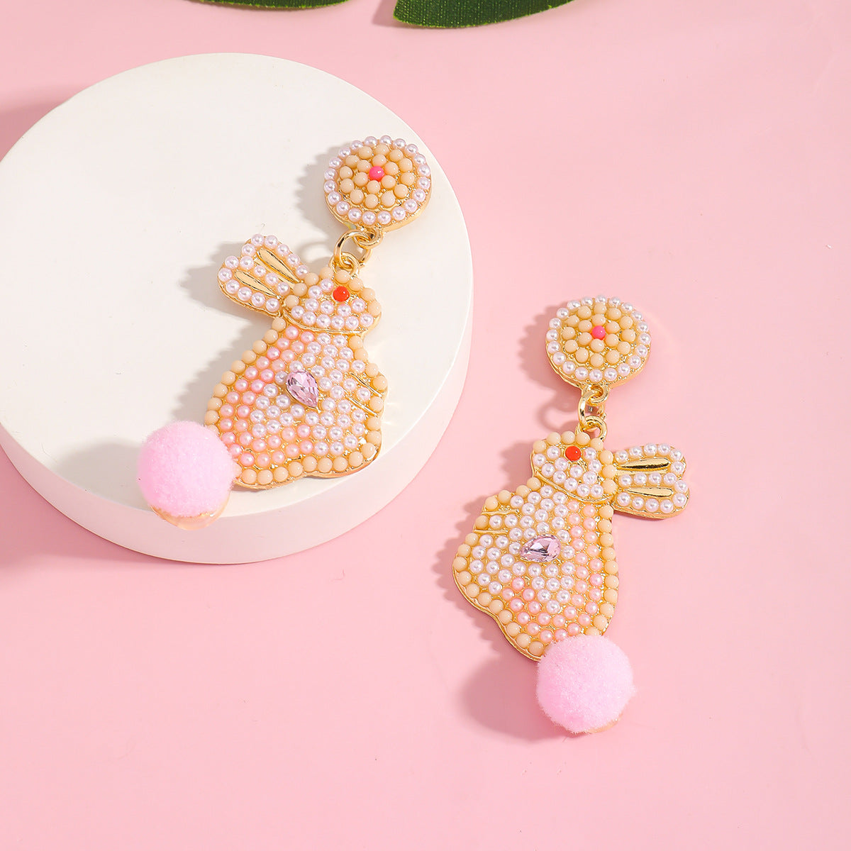Handmade Easter Bunny Bead Earrings Holiday Color Block Diamond Inlaid Women's Party Jewelry