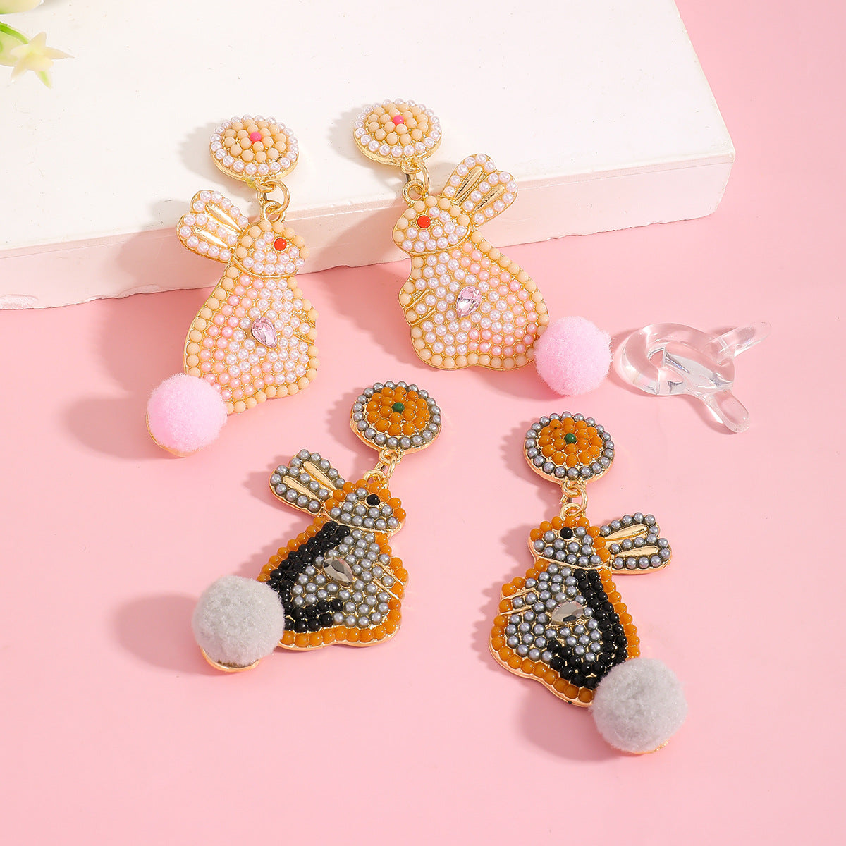 Handmade Easter Bunny Bead Earrings Holiday Color Block Diamond Inlaid Women's Party Jewelry