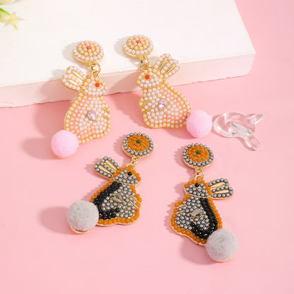 Handmade Easter Bunny Bead Earrings Holiday Color Block Diamond Inlaid Women's Party Jewelry
