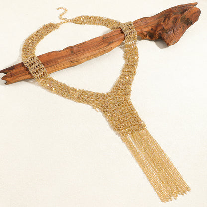Handwoven Sweater Chain Daily Party Long Necklace Geometric Alloy Pendant Women's Vintage Luxury Tassel Necklace