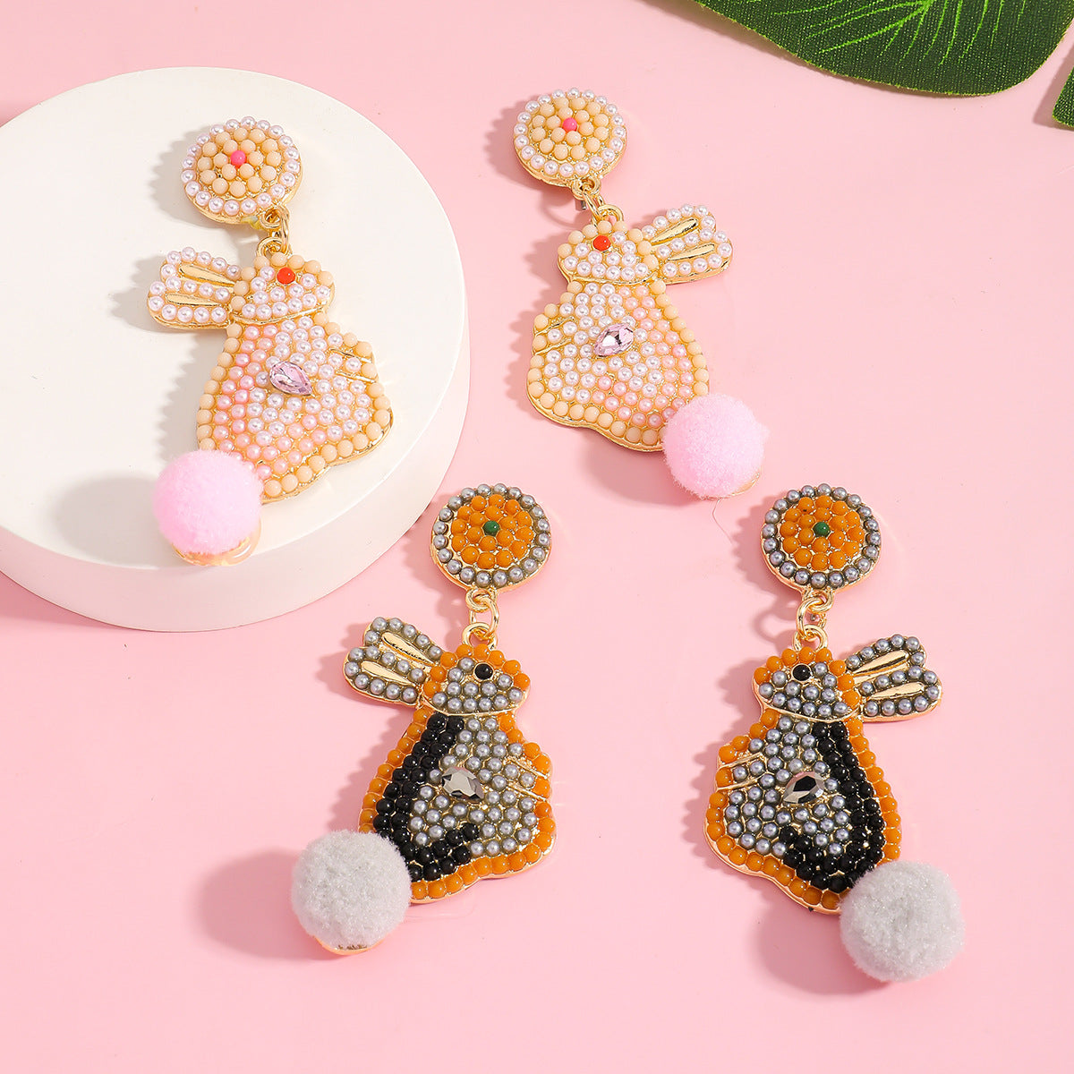 Handmade Easter Bunny Bead Earrings Holiday Color Block Diamond Inlaid Women's Party Jewelry