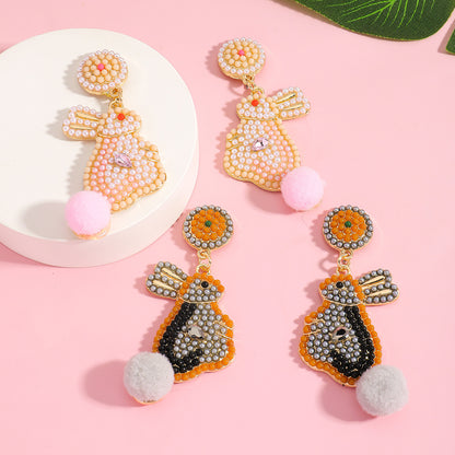 Handmade Easter Bunny Bead Earrings Holiday Color Block Diamond Inlaid Women's Party Jewelry