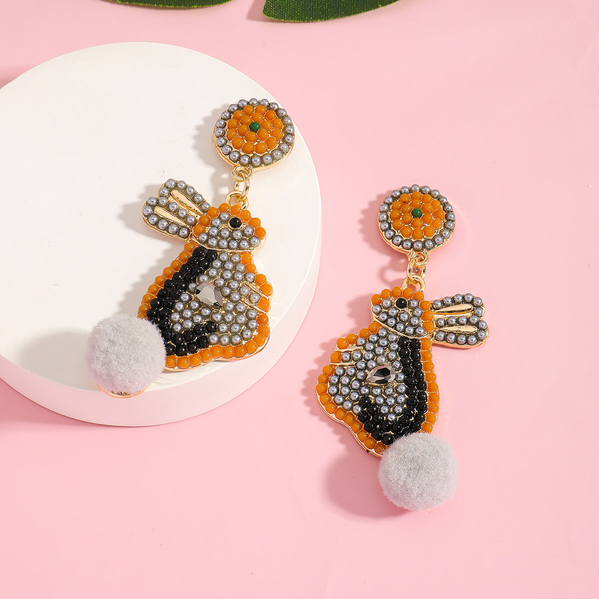 Handmade Easter Bunny Bead Earrings Holiday Color Block Diamond Inlaid Women's Party Jewelry