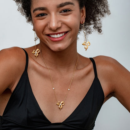 Rose Gold Bow Necklace And Earrings Set For Girls Stainless Steel Clavicle Chain Jewelry Accessories