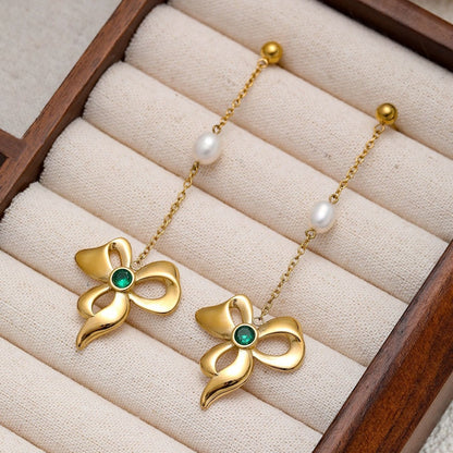 Rose Gold Bow Necklace And Earrings Set For Girls Stainless Steel Clavicle Chain Jewelry Accessories