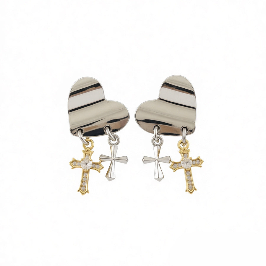 1 Silver Pin Inlaid Zircon Cross Heart-shaped Earrings Simple Women's Stud Earrings Simple Design