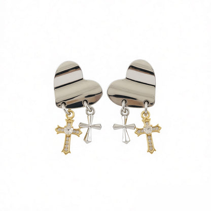 1 Silver Pin Inlaid Zircon Cross Heart-shaped Earrings Simple Women's Stud Earrings Simple Design