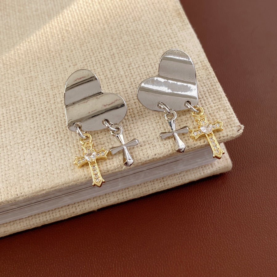 1 Silver Pin Inlaid Zircon Cross Heart-shaped Earrings Simple Women's Stud Earrings Simple Design