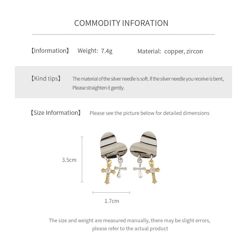1 Silver Pin Inlaid Zircon Cross Heart-shaped Earrings Simple Women's Stud Earrings Simple Design