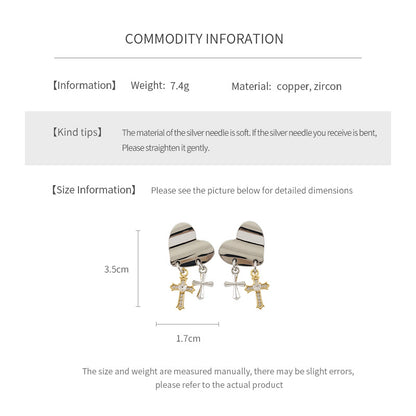 1 Silver Pin Inlaid Zircon Cross Heart-shaped Earrings Simple Women's Stud Earrings Simple Design