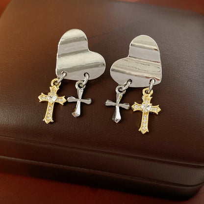 1 Silver Pin Inlaid Zircon Cross Heart-shaped Earrings Simple Women's Stud Earrings Simple Design
