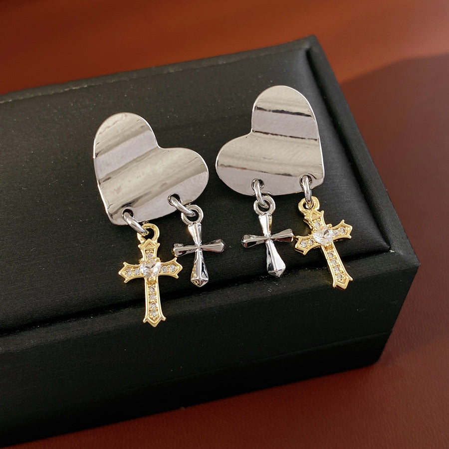 1 Silver Pin Inlaid Zircon Cross Heart-shaped Earrings Simple Women's Stud Earrings Simple Design