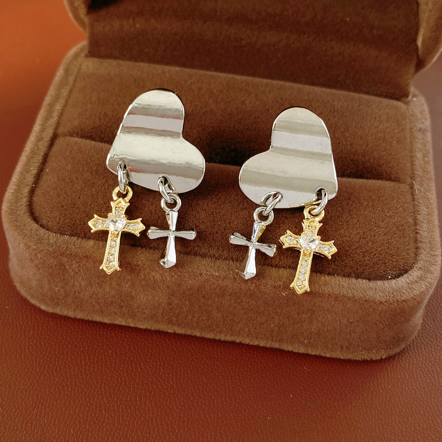 1 Silver Pin Inlaid Zircon Cross Heart-shaped Earrings Simple Women's Stud Earrings Simple Design
