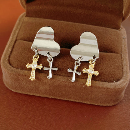 1 Silver Pin Inlaid Zircon Cross Heart-shaped Earrings Simple Women's Stud Earrings Simple Design