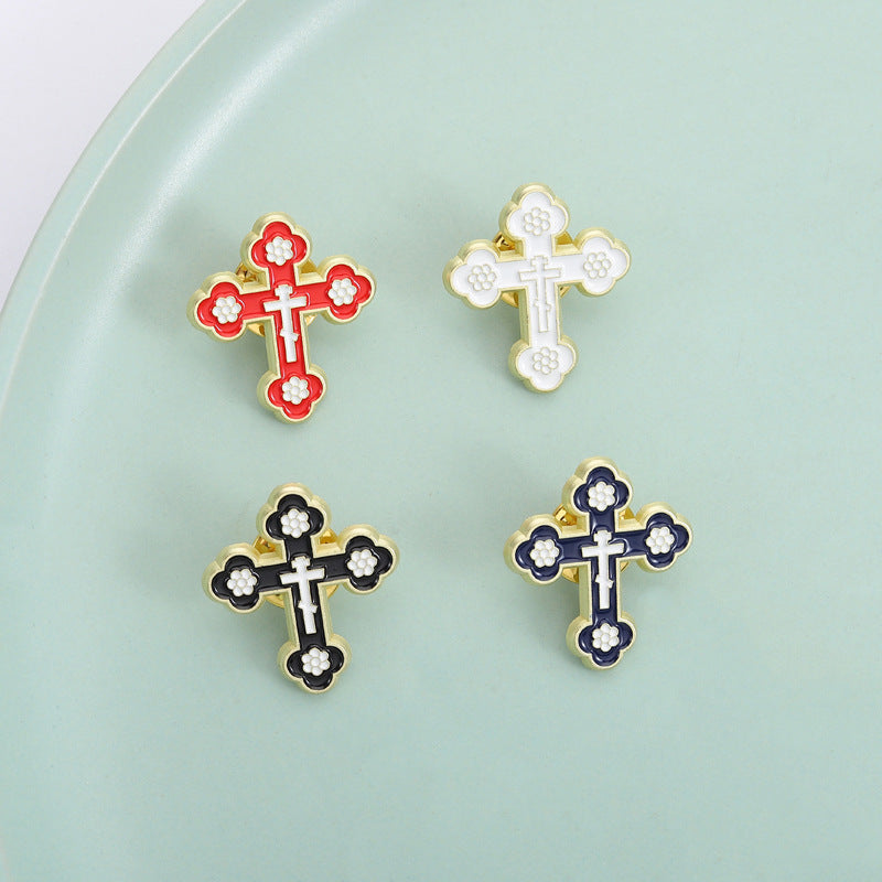 Painted Cross Brooch Vintage Personal Matching Accessories Blue Red Black White Multi-color Fixed Badge